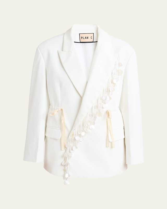 Sequin-Fringe Drawstring Double-Breasted Blazer Jacket